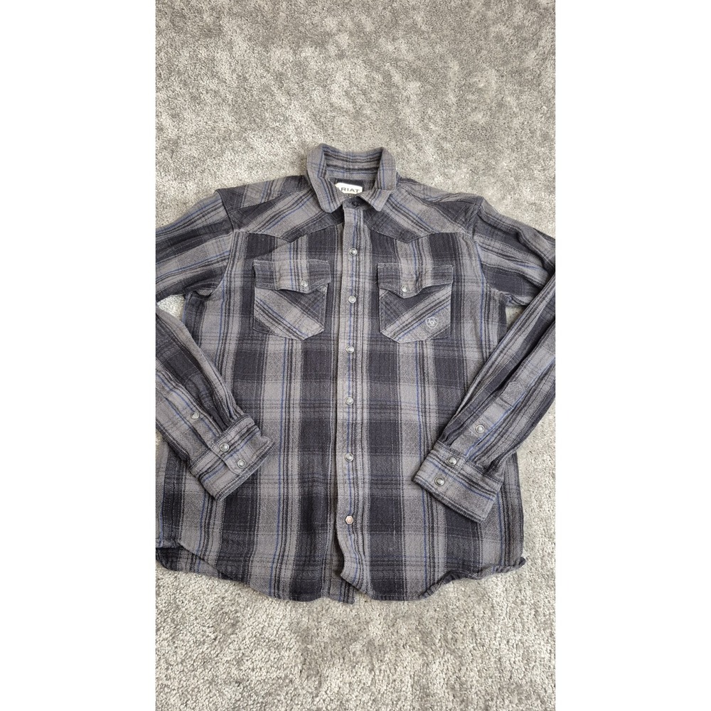 Ariat Flannel Pearl Snap Shirt‎ Mens Medium Black Gray Cotton Plaid Long Sleeve